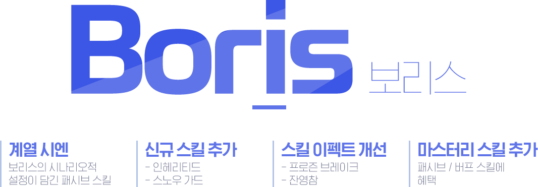 
                     Boris 보리스,
                     계열 시엔 : 보리스의 시나리오적 설정이 담긴 패시브 스킬,
                     신규 스킬 추가 : 인헤리티드, 스노우 가드,
                     스킬 이펙트 개선 : 프로즌 브레이크, 잔영참,
                     마스터리 스킬 추가 : 패시브 / 버프 스킬에 혜택
                    