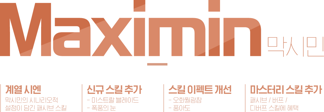 
                     Maximin 막시민,
                     열 시엔 : 막시민의 시나리오적 설정이 담긴 패시브 스킬,
                     신규 스킬 추가 : 미스트랄 블레이드, 폭풍의눈,
                     스킬 이펙트 개선 : 오화월광참, 풍아도,
                     마스터리 스킬 추가 : 패시브 / 버프 / 디버프 스킬에 혜택
                     